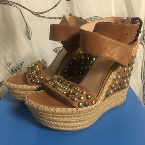 Stuart Weitzman Studded Leather Ankle Wrap Wedges